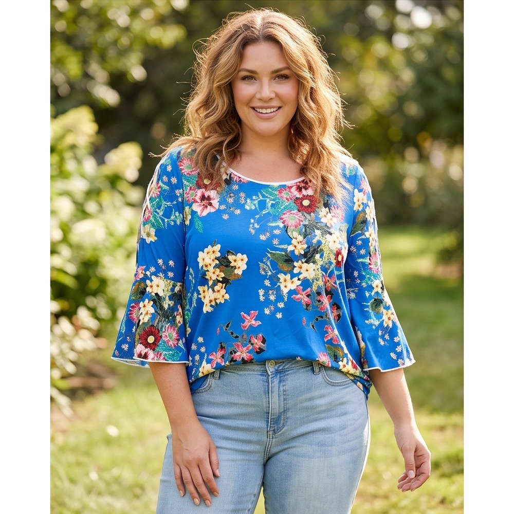 Harlow & Rose 3X Blue Floral Lace Up Cold Shoulder Bell Sleeve Top Romantic